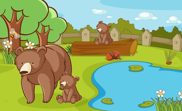 Vettore gratuito scena con orsi grizzly nel parco