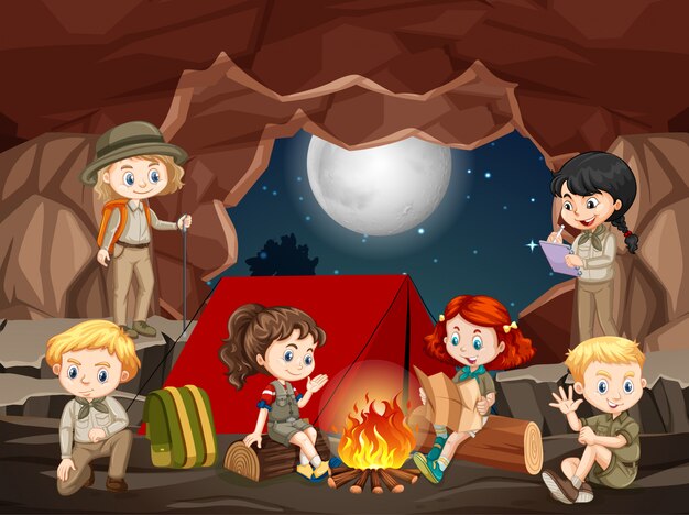 Free vector scene with group of scouts exploring the cave