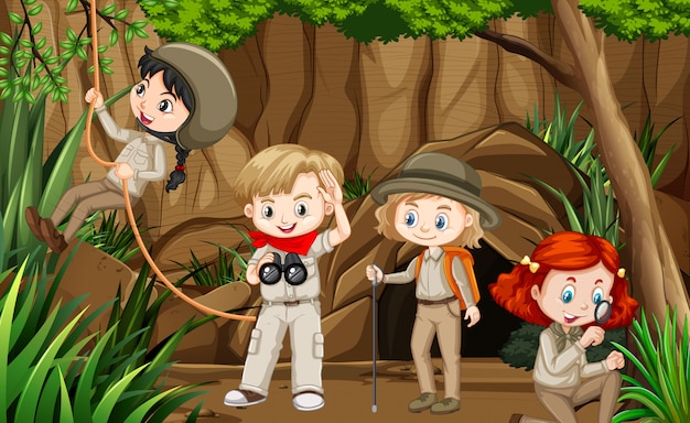 Free vector scene with group of scouts exploring the cave