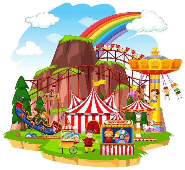 Free vector scene with happy children playing on the circus rides