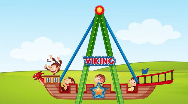 Scene with happy monkeys riding on viking ship