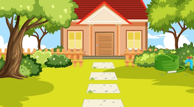 Бесплатное векторное изображение Сцена с домом и садом
