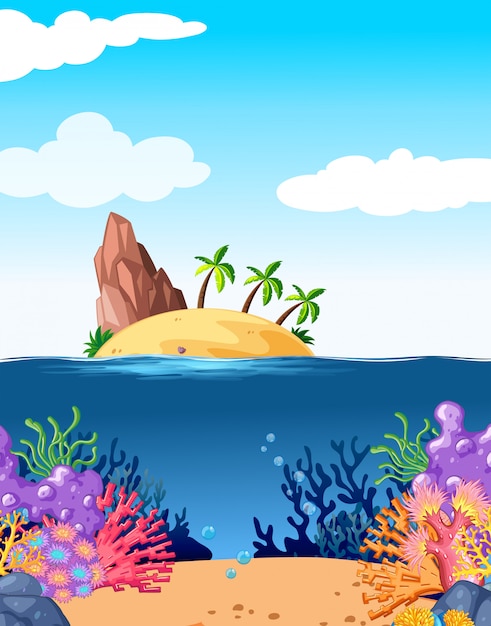 Бесплатное векторное изображение Сцена с островом и кораллом под водой
