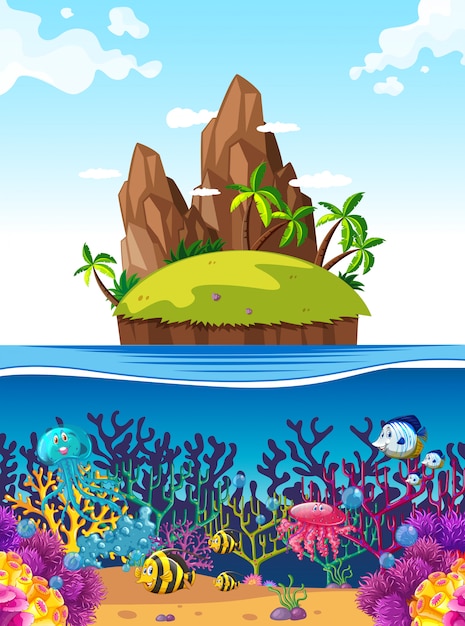 Scene with island and fish under the sea