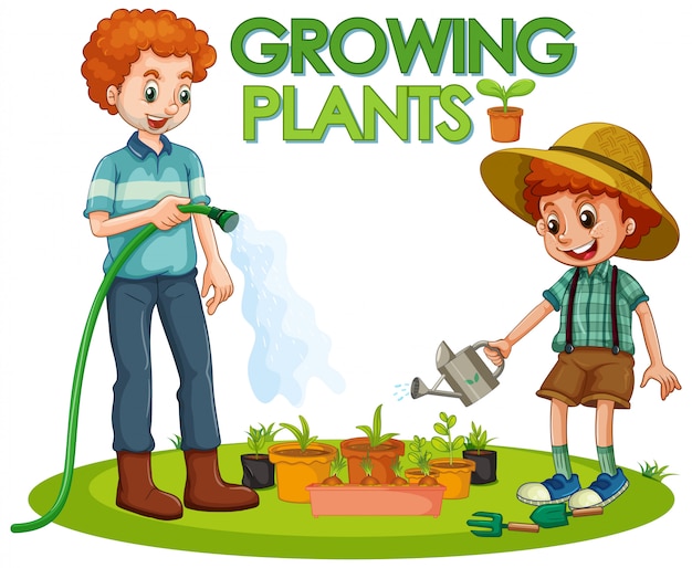 Free vector scene with kid planting trees in the garden