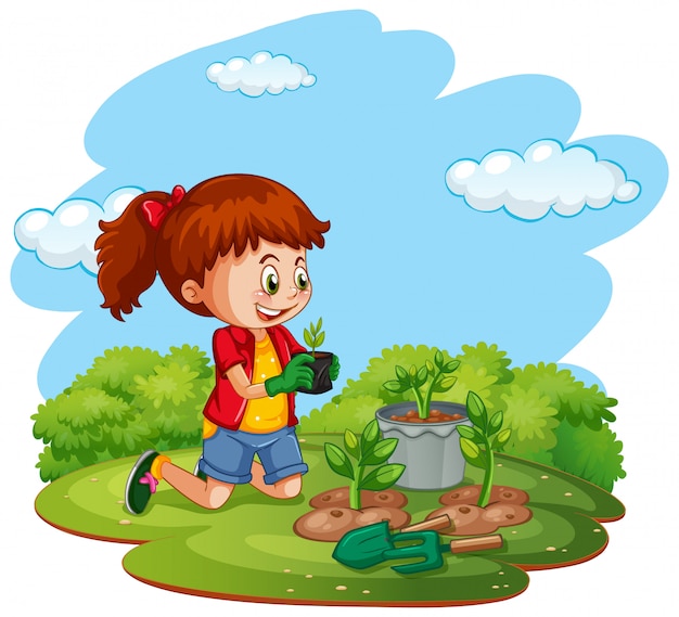 Сцена с ребенком, сажающим деревья в саду