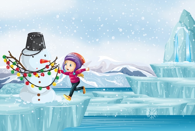 Free vector scene with kid and snowman on ice