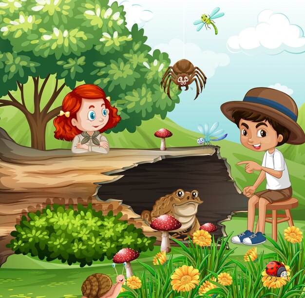 Сцена с детьми и животными в саду