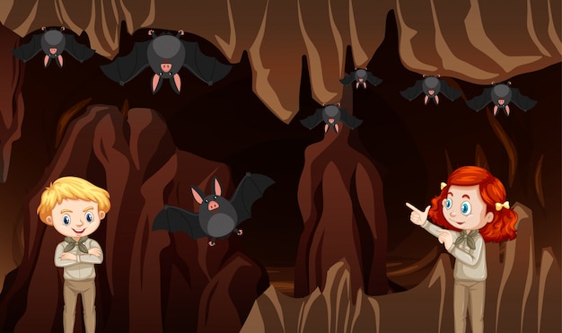 Free vector scene with kids and bats in the cave