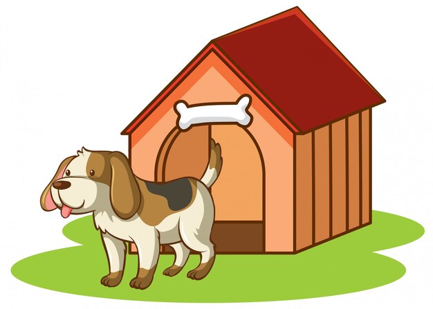Scene with little dog by dog house