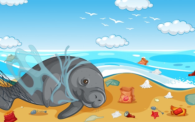 Free vector scene with manatee and plastic bags on the beach