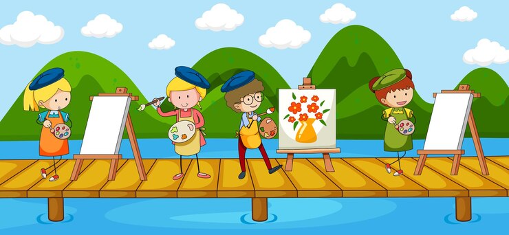मुफ़्त वेक्टर scene with many artist cartoon character on the bridge crossing river