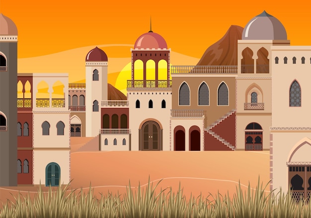 Бесплатное векторное изображение Сцена со многими зданиями в деревне