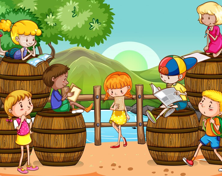 Free Vector scene with many children reading books in the park