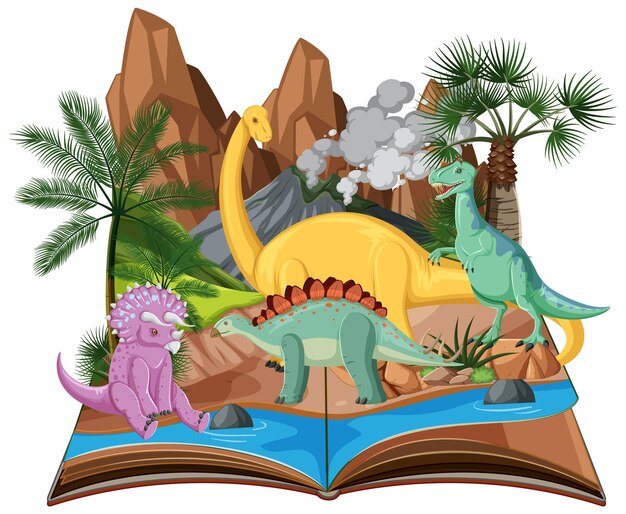 Scene with many dinosaurs by river