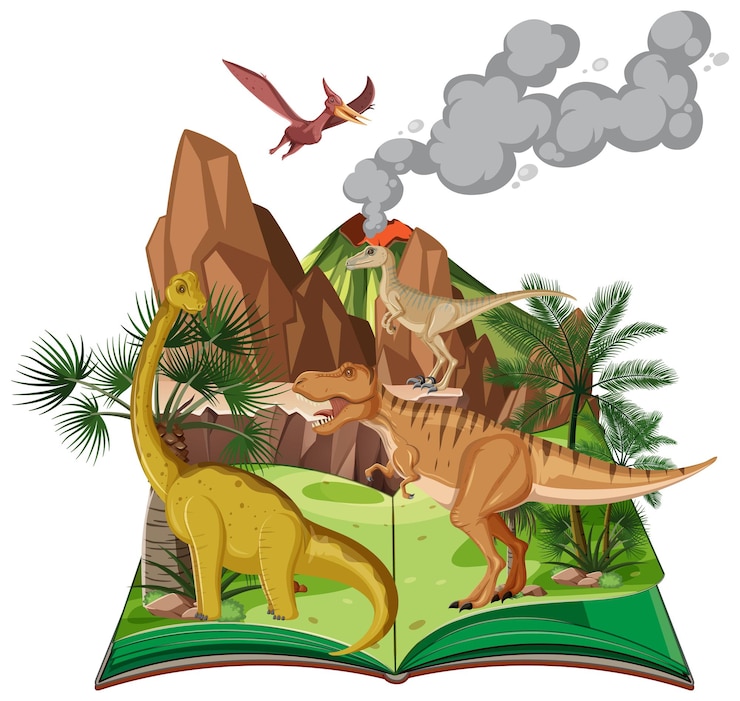 Free Vector scene with many dinosaurs in forest