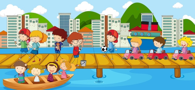 Scene with many dooddle kids cartoon character on the bridge\
crossing river