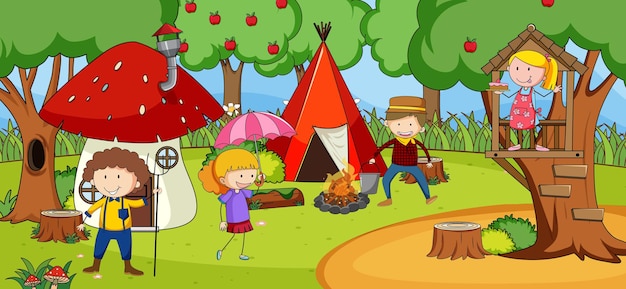 Scene with many kids doodle cartoon character in nature park