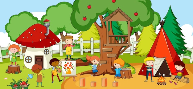 Сцена со многими детьми каракули мультипликационного персонажа в парке