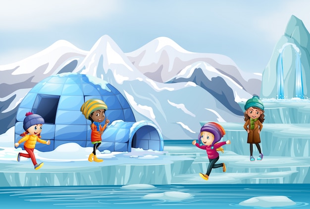 氷の上で遊ぶ多くの子供たちとのシーン