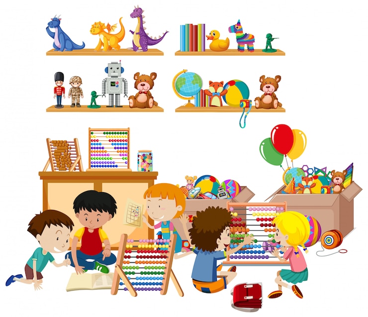 Free Vector scene with many kids playing toys in the room