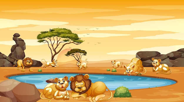 Free vector scene with many lions by the pond