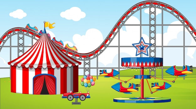 Free vector scene with many rides and circus tent in the fiel