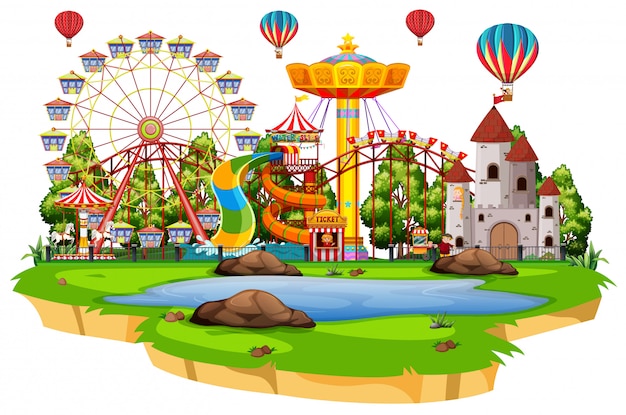 Free vector scene with many rides in the funpark on white background