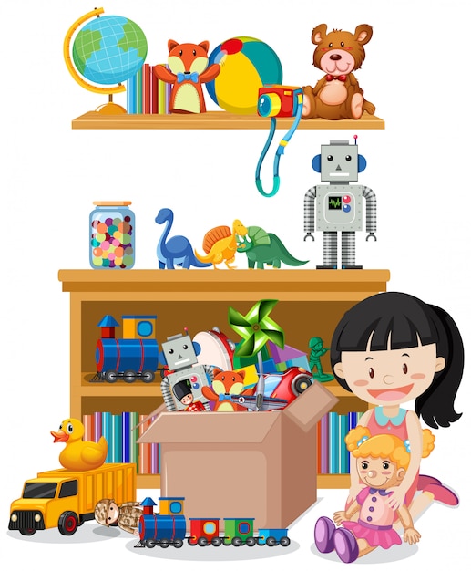 Scene with many toys on the shelf and girl playing doll