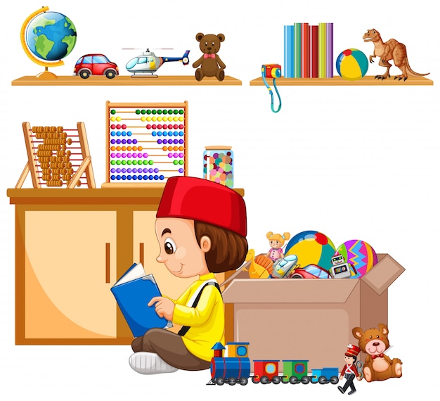 Scene with many toys on the shelf and muslim boy reading book