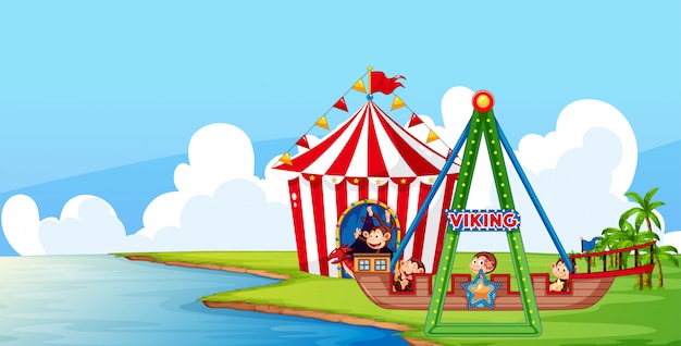 Free vector scene with monkeys on circus ride in the park