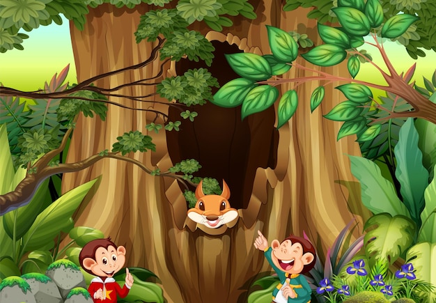 Scene with monkeys and squirrel in forest