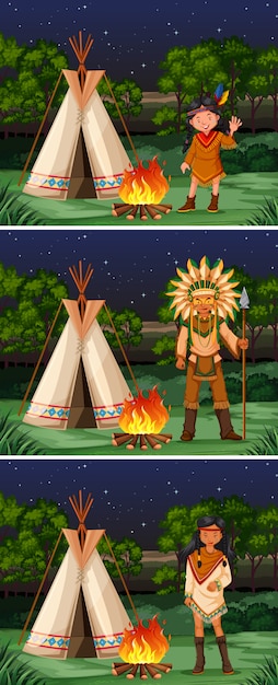 Free vector scene with native american indians at campground