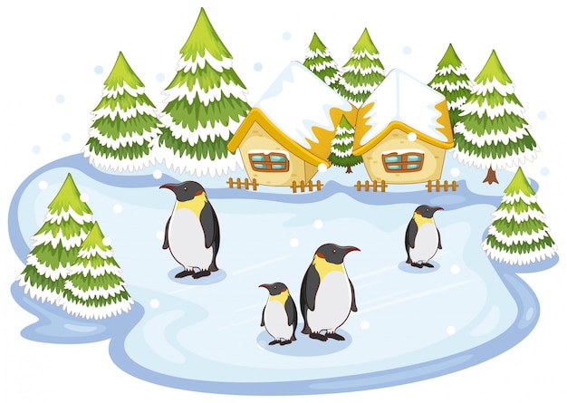 Free vector scene with penguins on snow