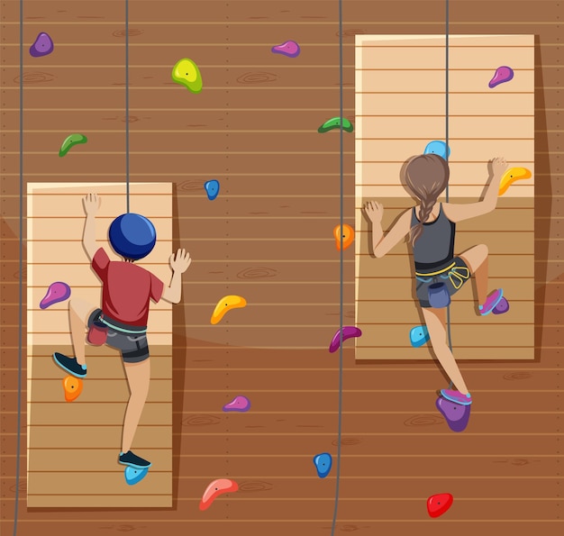 Free vector scene with people climbing rock indoor on circle artboard