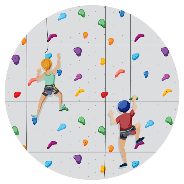 Scene with people climbing rock indoor on circle artboard