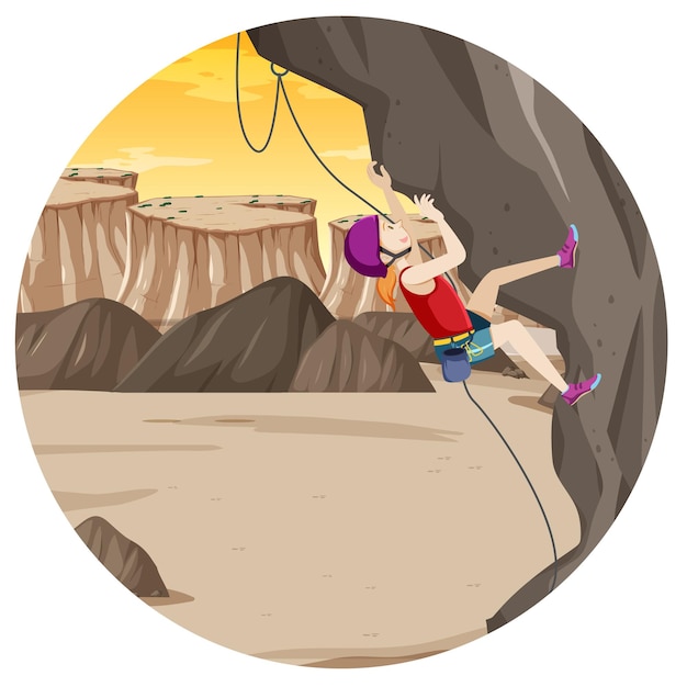 Free vector scene with people climbing rocky moutain on circle artboard