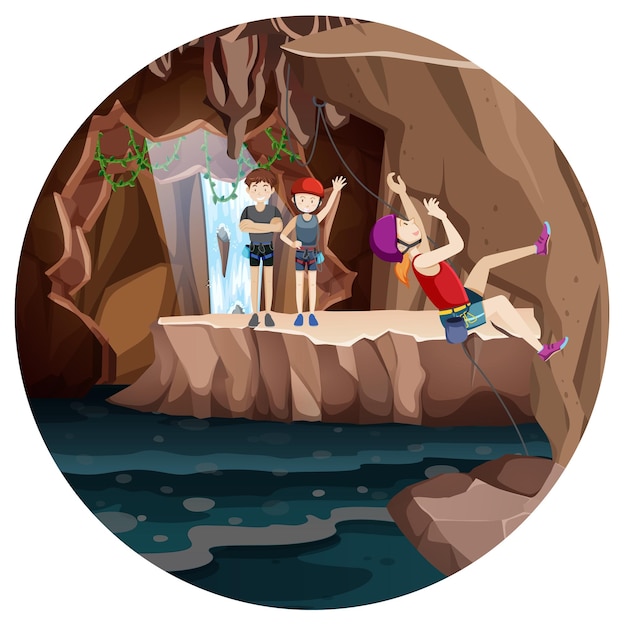 Free vector scene with people climbing rocky moutain on circle artboard