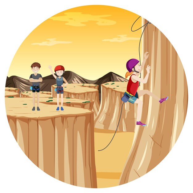 Scene with people climbing rocky moutain on circle artboard