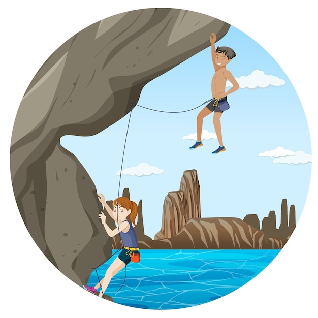 Free vector scene with people climbing rocky moutain on circle artboard