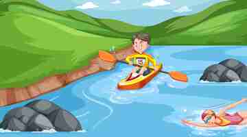 Free vector scene with people doing water sports in the river