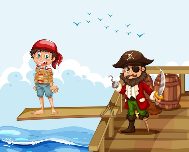 Free vector scene with a poor boy walking the plank on the ship