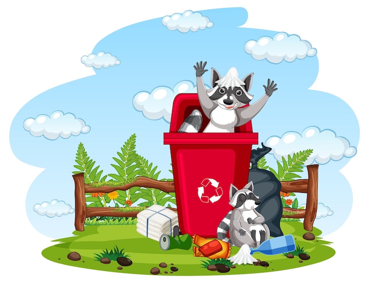 Free Vector scene with raccoon eating food from trash