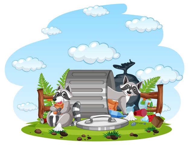 Scene with raccoons by the trashcan