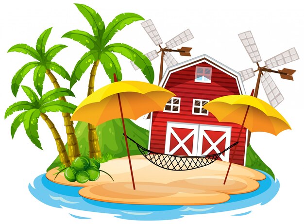 Free vector scene with red barn and hammock on white background
