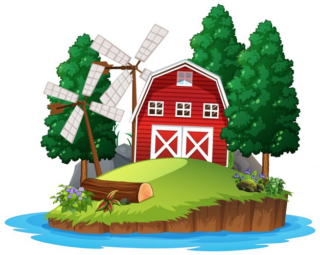 Scene with red barn on white background