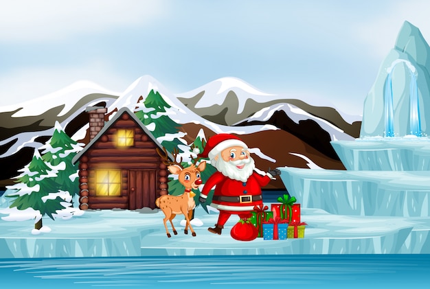 Free vector scene with santa and reindeer