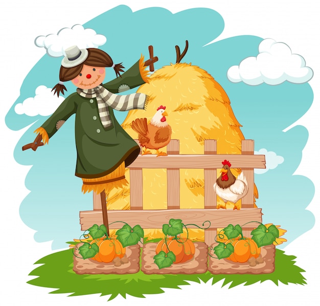 Free vector scene with scarecrow and chickens in vegetable garden