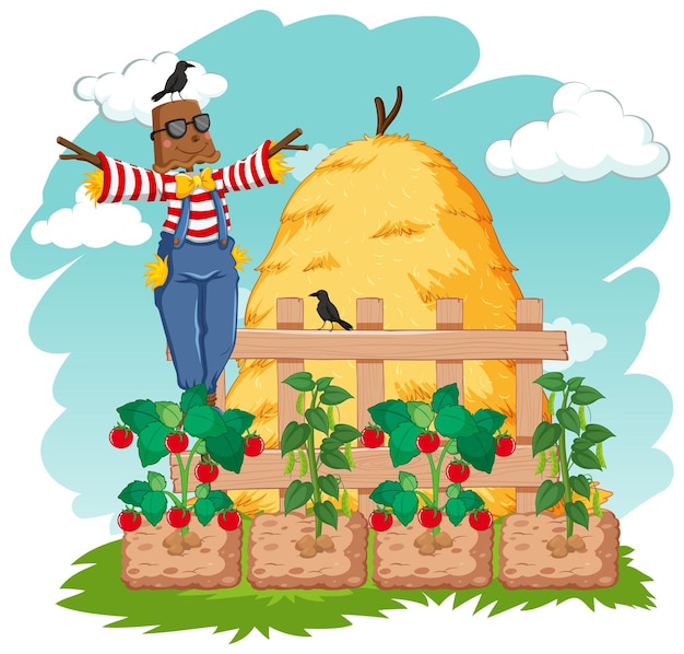 Free vector scene with scarecrow in vegetable garden