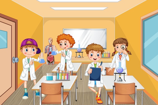 教室で化学実験をしている小学生のシーン